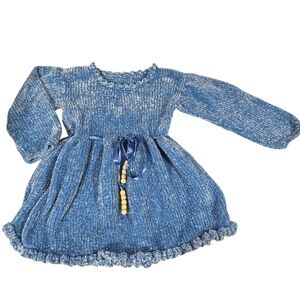 Blue Knit Dress with Ribbon Detail